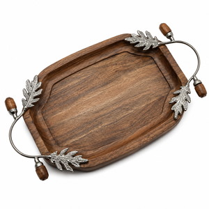 Plateau de service de luxe en bois d'acacia avec poignées en métal en forme de feuille de chêne, design moderne, écologique, plateau de table haut de gamme pour les fêtes - Product Image 1