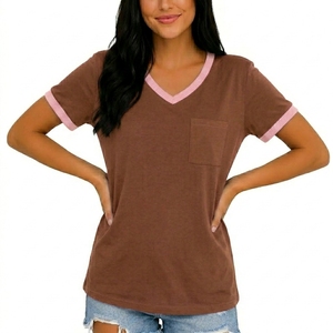Women V Neck T-Shirt Brown With Pink Trim Pocket Casual Loose Fit Short Sleeve Cotton <b>Top</b> Spring Summer Style - Product Image 3
