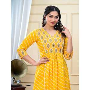Conjunto Formal de Salwar Kameez Anarkali de Rayón Estampado Amarillo para Mujer con Kurta y Palazzo para Fiesta, Ropa India y Pakistaní - Product Image 4