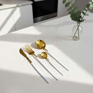 Elegant Two-Tone Flatware Set Minimalist White and Gold Tableware for Weddings & Party <b>Table</b> Designer Cutlery Kitchenware Set - Product Image 1