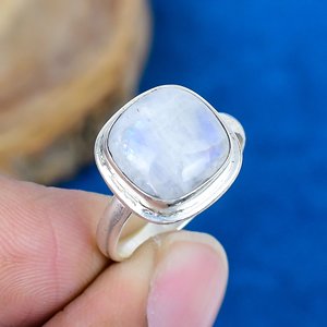 Natural Rainbow Moonstone <b>Cushion</b> Shape Gemstone <b>Ring</b> 925 Sterling Silver - Product Image 1