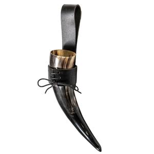 Chope à boire en corne naturelle, porte-chope en cuir fait main, mug à bière incurvé pour méad, bière artisanale, cadeaux de style médiéval - Product Image 1