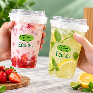 Gobelet en plastique transparent EcoRev PP/PET avec couvercle, forme ronde, logo feuille verte imprimé en sérigraphie, modèle ECO38 pour boissons - Product Image 2