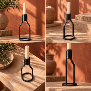 Support de bougie conique en métal noir, cadre ouvert incurvé, décoration de table élancée pour bougies, base circulaire décorative |   Ornement moderne - Product Image 2