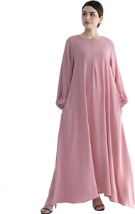 Robe longue modeste à coupe trapèze avec col rond et manches longues en crêpe rose uni pour femme - Product Image 4