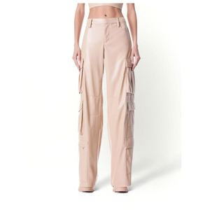 Pantalones Cargo Largos de Cuero para Mujer, Estilo Casual, de Pierna Ancha, Cintura Alta, con Bolsillos Holgados, Fabricante OEM Personalizado - Product Image 1