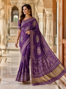 CHOHAN TEXTILE <b>Purple</b> Moonga Silk <b>Saree</b> Wholesale Indian Wedding Wear Gold Embroidery Zari Border Traditional Bridal Vintage - Product Image 1