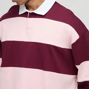 Polo en tricot rayé à manches longues pour homme, grande taille, style rugby décontracté, couleurs contrastées rose et bordeaux, personnalisable en usine - Product Image 3