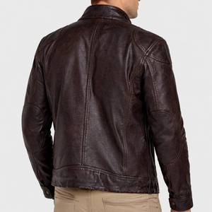 Veste moto en cuir véritable pour homme, marron foncé, fermeture éclair, col rabattable, coupe-vent, automne-hiver - Product Image 3