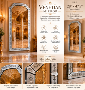 Venetian Rectangle Square Arch Wall <b>Mirror</b> Etched Floral Beveled <b>Frame</b> Antique <b>Silver</b> Full Length Decorative Luxury Handmade - Product Image 4