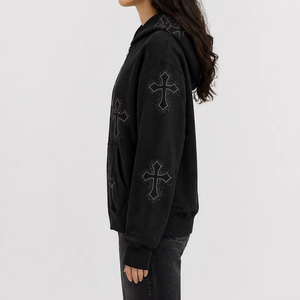 Sudadera con capucha de otoño con cremallera y cruz de diamantes de imitación, de alta calidad, estilo gótico, unisex, streetwear, con logotipo bordado personalizado, colores OEM/ODM - Product Image 3
