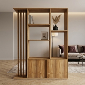 Separador de ambientes de madera estilo Japandi, estantería de exhibición con listones verticales, gabinete de almacenamiento inferior, librero independiente de madera natural - Product Image 2