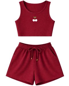 Conjunto de dos piezas para mujer: top corto acanalado y shorts con cordón, color rojo intenso con bordado de cereza, estilo casual y personalizable. - Product Image 1
