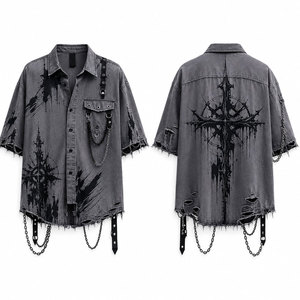 <b>Men's</b> Gothic Jersey Shirt Regular Fit Short Sleeve <b>Cross</b> Print <b>Chains</b> Decorated Washed Polyester/Cotton High Street Style - Product Image 1