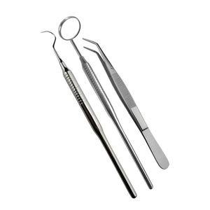 Ensemble d'instruments dentaires 3 pièces, miroir manuel en acier inoxydable, sonde, pinces, outils de nettoyage, éliminateur de tartre et de plaque dentaire, kit d'hygiène buccale - Product Image 1