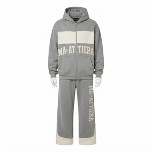 Ensemble de survêtement à capuche pour homme, gris, avec blocs de couleur, imprimé Ma-ATTiera, fermeture éclair intégrale, coupe ample, décontracté, sweat-shirt et pantalon - Product Image 3