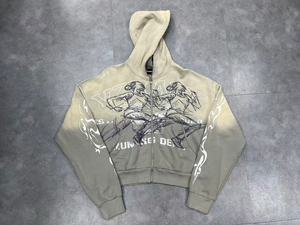 Sweat à capuche zippé personnalisé à faible MOQ, imprimé à la main, respirant, coupe oversize, 100% coton French Terry, délavé à l'acide, effet soleil, coupe classique - Product Image 2
