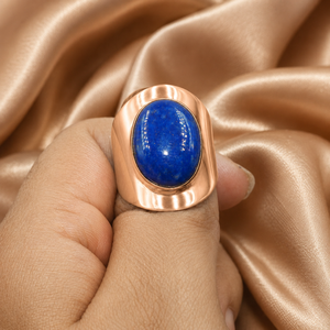 Anillo de Lapislázuli Natural, Chapado en Oro Amarillo y Rosa, Plata 925, Banda Ancha, Hecho a Mano, Gema Ovalada, Joyería Unisex para Ella - Product Image 3