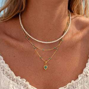 สร้อยคอจี้เทอร์ควอยซ์แบบซ้อนประดับมุก ชุบทอง 14K เงินแท้ 925 เครื่องประดับสไตล์โบโฮ - Product Image 1