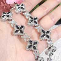 Bracelet Hip Hop Miami Cuban Link en Argent Sterling 925 Plaqué Rhodium, Micro-Pavé de Moissanite Noire Luxe en Forme de Fleur