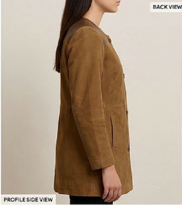 Women's Brown Suede <b>Leather</b> Coat Slim Fit Premium <b>Jacket</b> Heated Solid Button Closure Elegant Winter Wear Soft Suede Long Stylish - Product Image 4