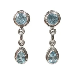 Pendientes Colgantes de Plata de Ley 925 con Topacio Azul para Mujer, Engaste de Bisel, Gema Redonda y en Forma de Pera - Product Image 5