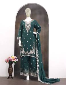 Women's <b>Emerald</b> <b>Green</b> Embroidered Rayon <b>Suit</b> With Dupatta Loose Fit Midi Traditional Indian Pakistani Outfit - Product Image 2