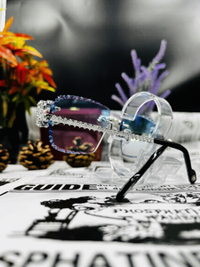 Iced Out Moissanite Diamond Sky Blue Glasses Gradient Hip Hop Bling Eyewear Rimless Statement Sunglasses For Party Wear - Product Image 3