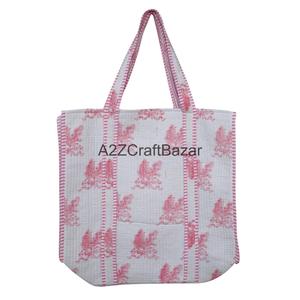 Handmade Cotton Quilted Large <b>Long</b> Handle Shoulder Tote <b>Bag</b> Women Eco Friendly Indian Bohemian Beach Tote Groceries Carry Floral - Product Image 4