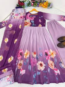 Traje Anarkali de Georgette Floral para Mujer, Atuendo Étnico Indio, Kurta de Tela Pesada Estampada, Palazzo, Dupatta, para Fiesta o Boda - Product Image 4