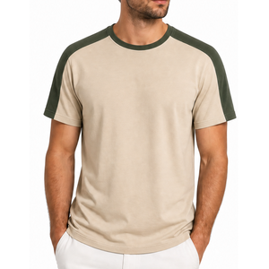 Camiseta de Manga Raglán para Hombre con Logotipo Personalizado al por Mayor, Lavado Ácido, Panel de Hombro en Contraste, Color Verde Oliva Caqui, Secado Rápido y Transpirable - Product Image 1