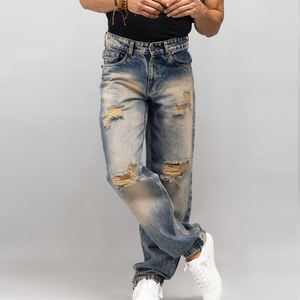 Jean en denim déchiré et délavé pour homme, coupe droite, taille haute, ample, décontracté, en coton, style délavé, idéal pour le printemps - Product Image 1