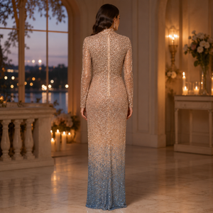 Women Champagne <b>Sequin</b> Wedding Maxi Dress High Neck Long Sleeve Ruched Ombre Embellished Bridal Gown Formal Reception Evening - Product Image 2