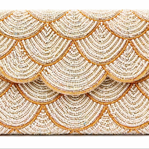 Beaded <b>Clutch</b> Purse Ivory Gold | Handmade <b>Wedding</b> Bag | Scallop Evening Handbag Gift| Handmade Bridal Statement Bag - Product Image 1