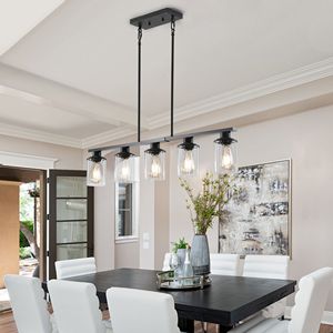 Lampadario Moderno Industriale a 5 Luci da 37 Pollici, Struttura in Metallo Nero Opaco, Paralumi in Vetro Trasparente, Lampada a Sospensione per Sala da Pranzo - Product Image 1