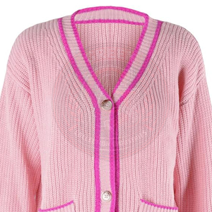 Colección GREEK IND, Cárdigan Rosa de Punto para Mujer, con Ribete Rosa Brillante y Cierre de Botones, Suéter para la Escuela o Universidad - Product Image 3