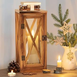Farol de viento de madera vintage, portavelas con panel de cristal, tarro de vela de madera irregular para decoración de bodas y hogar - Product Image 5