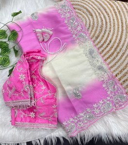 Sari en Georgette Brodé avec Bordure à Paillettes, Sari de Soirée en Georgette, Sari à Pompons Miroir, Sari Designer en Georgette - Product Image 1