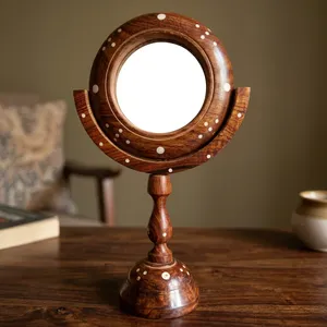 Vintage Hand Carved Wooden Round Tabletop <b>Makeup</b> <b>Mirror</b> with Stand Brown Portable Vanity <b>Mirror</b> for Home Bedroom Dressing Table - Product Image 5