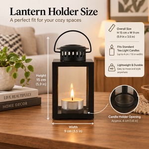 <b>Black</b> Steel <b>Lantern</b> <b>With</b> Tealight <b>Candle</b> Holder Portable Home Decoration - Product Image 3