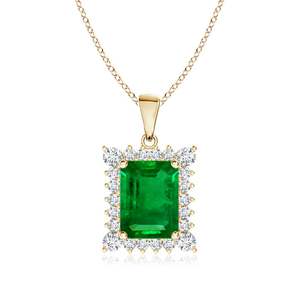 Collier chaîne à maillons en or massif 14 carats de style vintage avec pendentif en émeraude naturelle verte taille émeraude et halo de diamants, vente en gros - Product Image 1