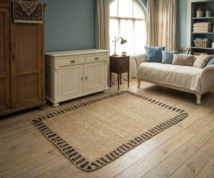 Tapis rectangulaire en jonc de mer naturel, tissé à la main, avec bordure à pompons noirs, pour salon, chambre, entrée, pique-nique - Product Image 3
