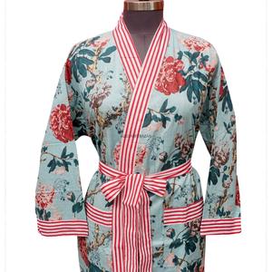Handmade Cotton Kimono <b>Robe</b> Eco-Friendly Floral Bathrobe Premium Sleepwear with Pockets Indian Wholesale Front Logo Quick <b>Dry</b> - Product Image 2
