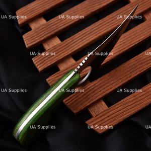 Cuchillo de caza personalizado con hoja de acero inoxidable, borde dentado, mango de madera verde, 8 pulgadas, funda de cuero negro para exteriores - Product Image 6