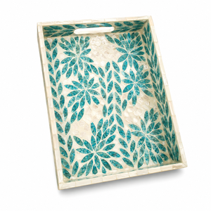 Luxury Mother of Pearl Inlay Tray Rectangle Green Botanical Leaf <b>Mosaic</b> Serving Tray with Cutout Handles for Hotel Restaurant - Product Image 4