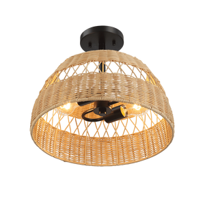 Luci a soffitto in stile fattoria con finitura in metallo nero con luci a doppio filo Semi in Rattan - Product Image 4