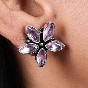 Wholesale Oxidized <b>Silver</b> Flower Shape Quartz Multi <b>Stud</b> Earrings Wholesale Bulk | Indian Ethnic Boho Factory Manufacturer - Product Image 5
