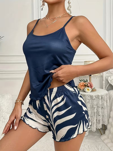 Solid Color Camisole Botanical Print Shorts Pajama Set Women Simple Casual & Comfortable Silky Fiber Fabric Thin Short-Sleeve BD - Product Image 2