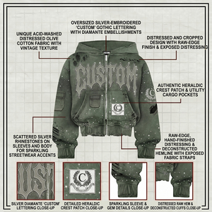 Custom Embroidered Hoodie Mens Massive 450gsm Green <b>Jumper</b> Gothic Lettering Full Zip up Studded Distressed Boxy Fit <b>Pullover</b> - Product Image 3