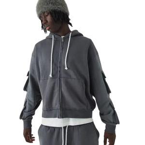 Custom Men’s Boxy Full <b>Zip</b> Hoodie Utility Sleeve Pocket Drawstring <b>Hood</b> Relaxed Urban <b>Zip</b> Up Sweatshirt Manufacturer - Product Image 1